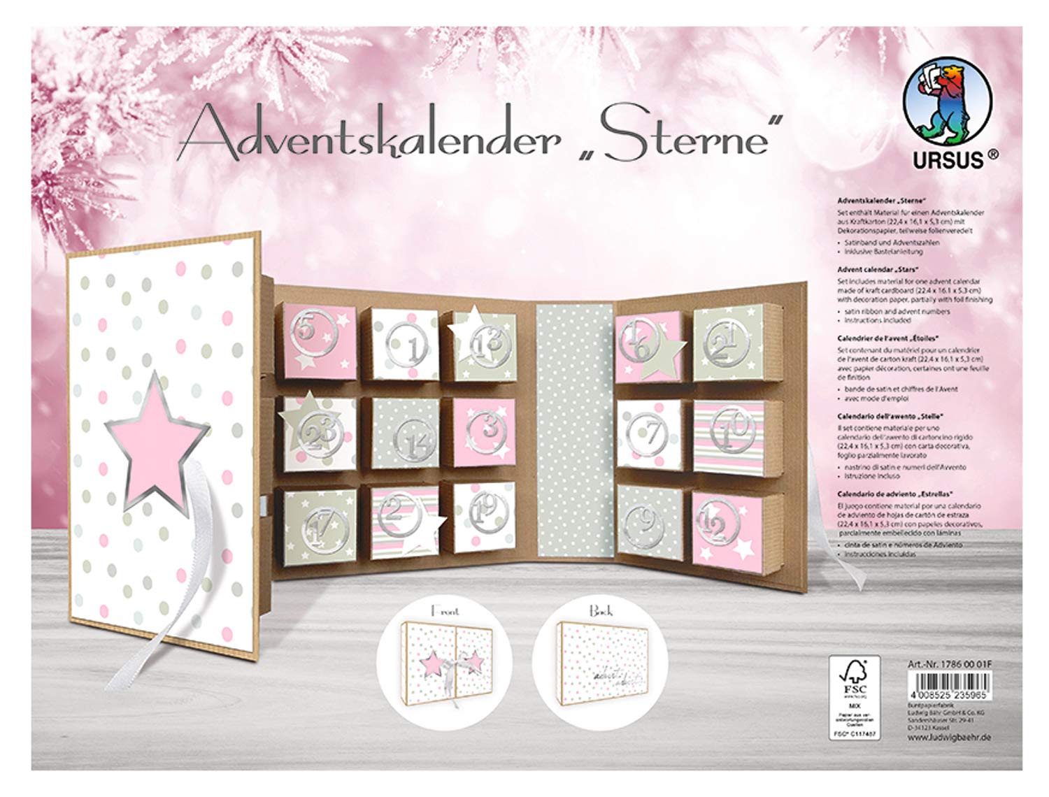 Ursus 17860001F Advent Calendar in Book Shape, Stars, Approx. 22.4 x 16.1 x 5.3 cm, Made of Kraft Cardboard with Satin Ribbon for Closing, Filling and Gift