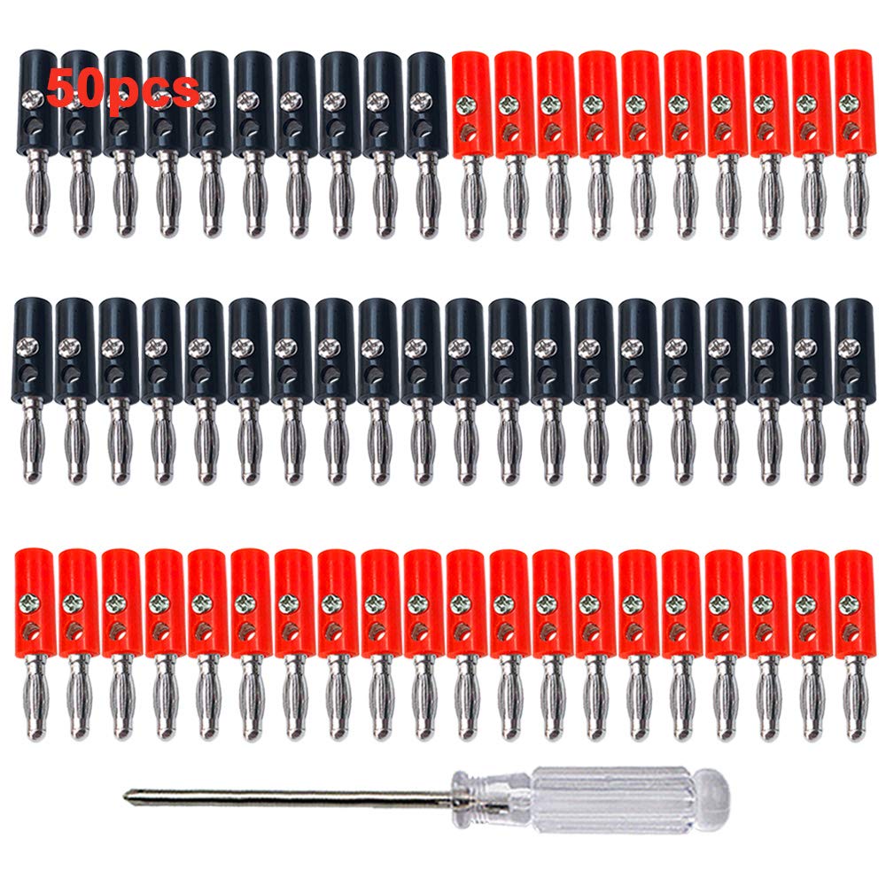 Aiqeer 50 Pcs 4 mm Banana Plug, Nickel Plated Banana Plug Connector, Solderless Banana Connector Adapter, for Speaker, Audio/Video Receiver (Red, Black)