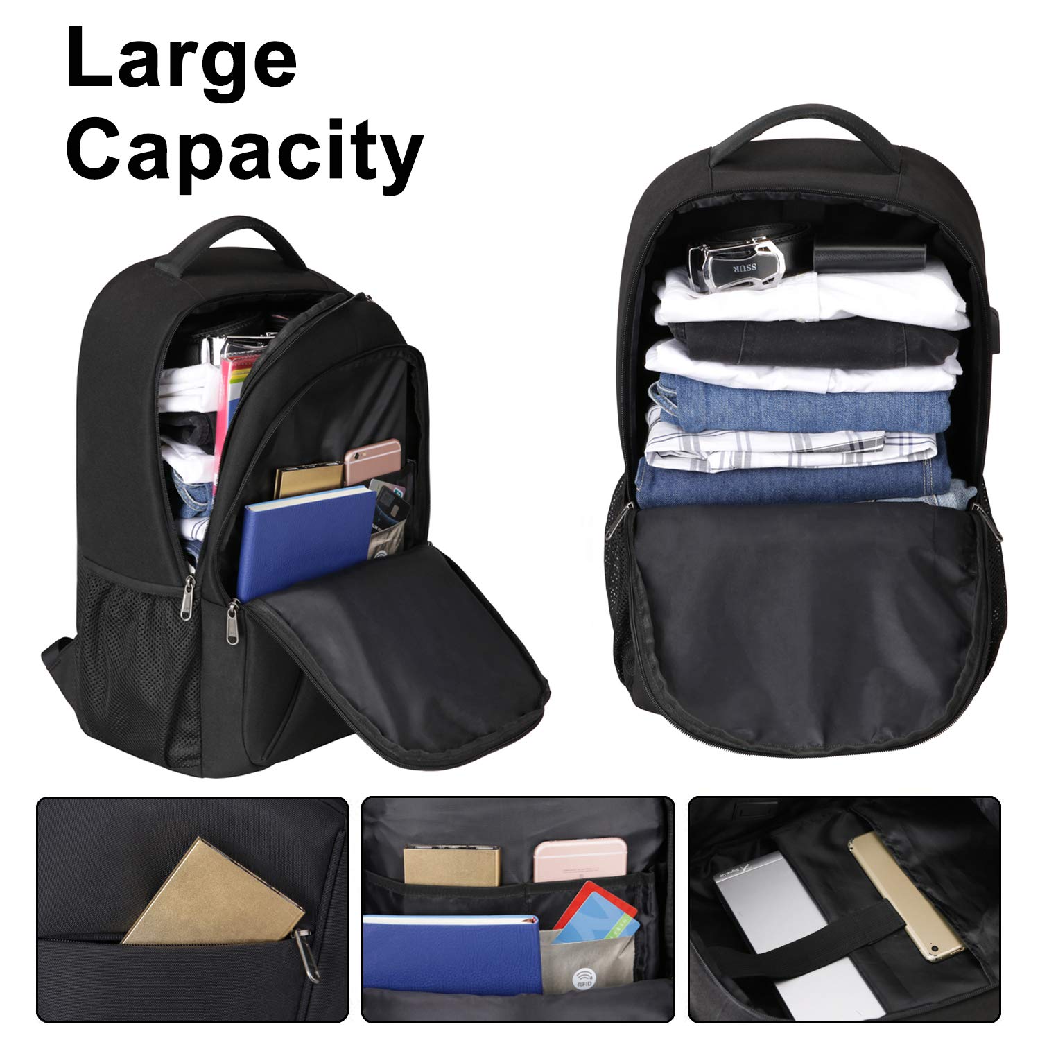 XQXA Laptop Backpack, Travel Business Backpack for Men & Women with USB Charging Port, Water Resistant Anti Theft School College Computer Back Pack Bag Fits Up to 17 Inch Notebook - Black