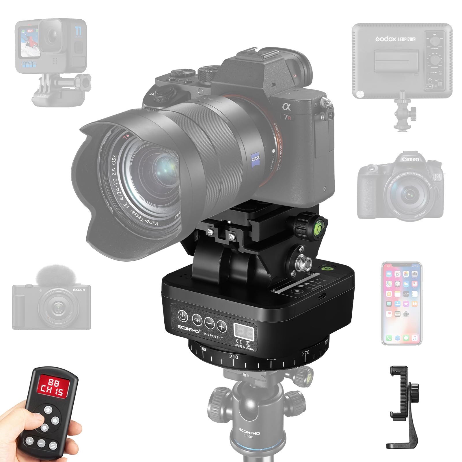 Soonpho M4 Panoramic Camera Tripod Pan Tilt Remote Control 360 Degree Motorized Head Electric with Phone Clamp and Remote Control for DSLR Cameras Smartphone