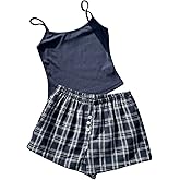 Milumia Women's 2 Piece Pajama Set Spaghetti Strap Crop Top and Plaid Shorts Lounge Pjs Sets