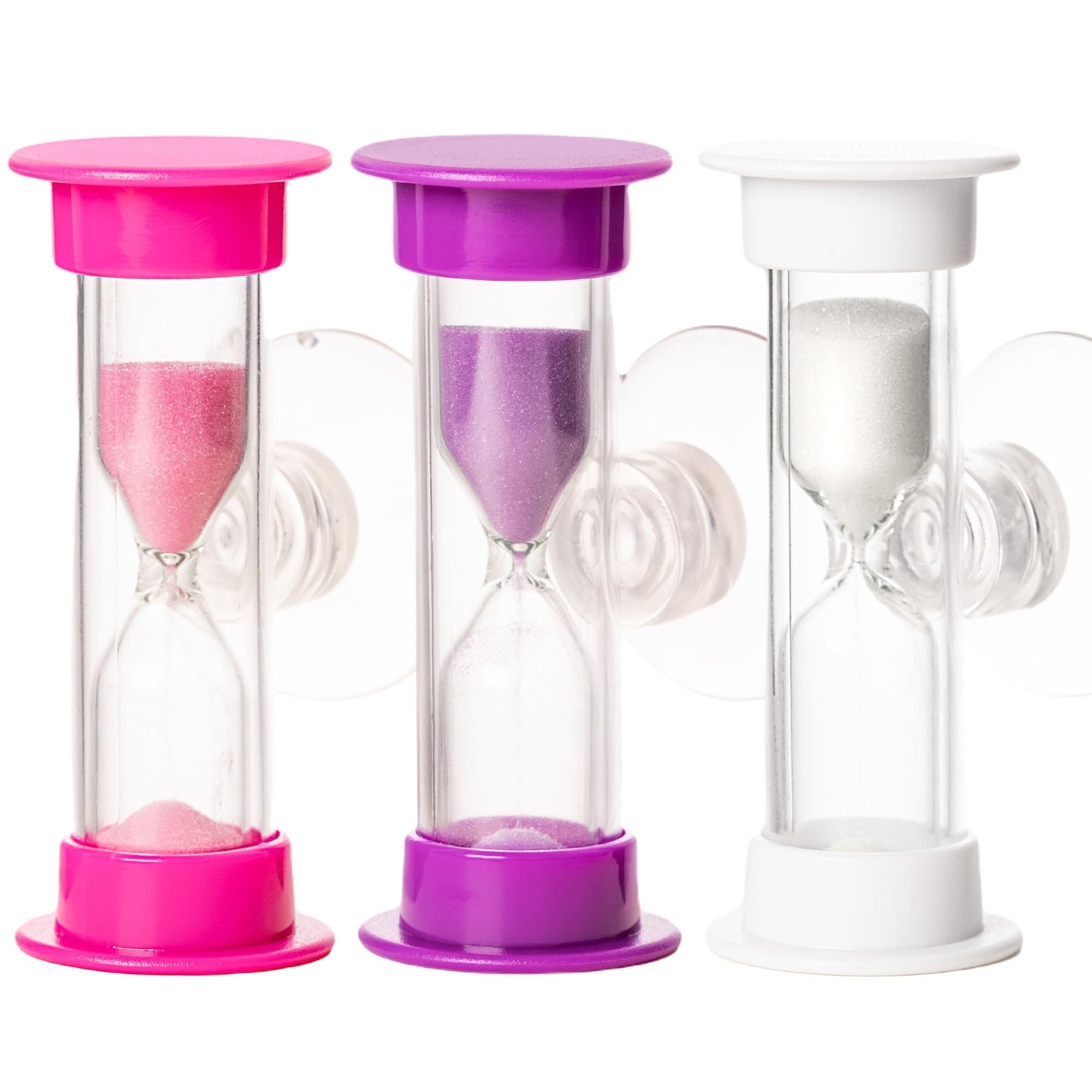 3PC Tooth Brushing 2 Min Sand Timer with Suction Cap, Dental Timer for Kids. Countdown, for Healthy Teeth (Pink, Purple & White)