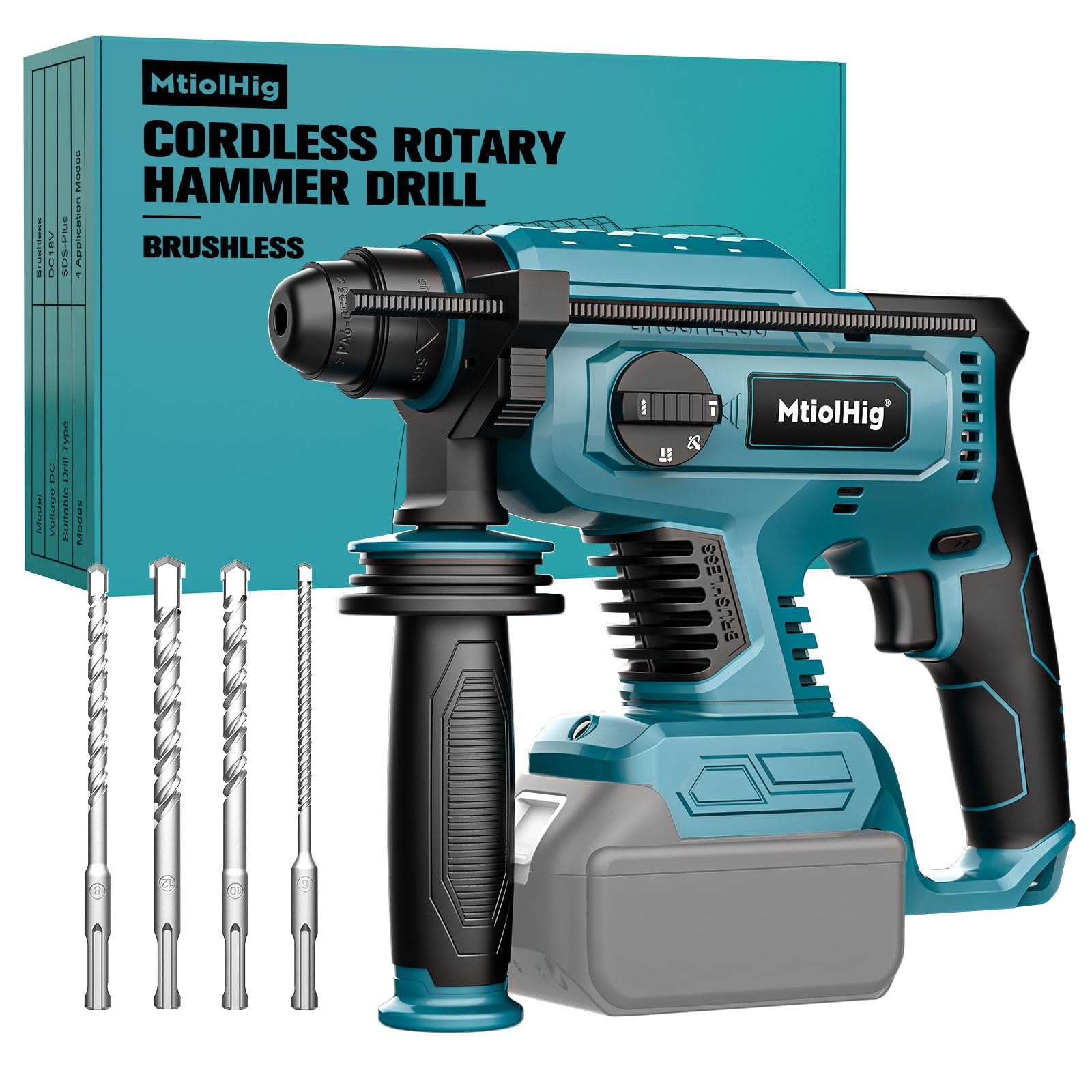 Photo 1 of MtiolHig 7/8" Rotary Hammer Drill Compatible with Makita 18V Battery: SDS-Plus Cordless Drill with Safety Clutch for Concrete Masonry, 2.5 Joules Power Including 4 Drill Bits