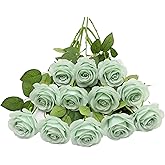 LVEFIT Artificial Rose Flower Artificial Flowers Flower with Long Stem Silk Roses Bouquet for Wedding Bridal Shower Party Home Decoration (Sage Green, 12 Pcs)