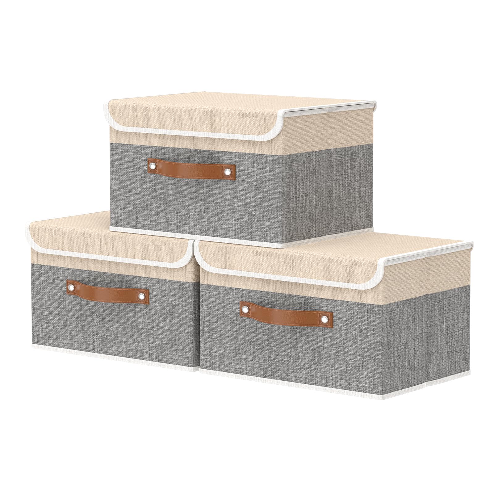 OUTBROS 38x25x25cm Collapsible Storage Box with Lid, Linen Fabric Clothing Shelf Basket Bins Box For Towels, Clothes 33x23x20 cm (Beige/Grey, 3-Pack)