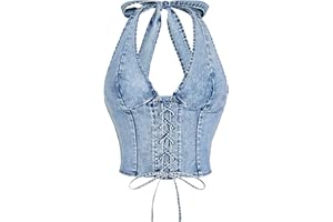 MakeMeChic Women's Denim Halter Corset Tops Y2K Jean Lace Up Vest Tops Sleeveless Shirred Tie Backless Top