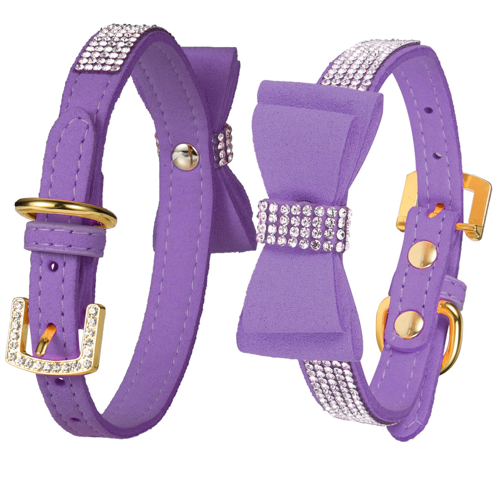 LOVPE Dog Collar/Cat Collar Crystal Velvet Leather with Bow-knot Tie Rhinestone Collars for Puppy/kitten Small Dogs&Cats (S(Neck for:10-13 Inch), Purple)