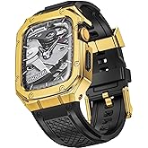 SUPLINK Stainless Steel Case with Silicone Band Compatible with Apple Watch Series 9 8 7 45mm Metal Rugged Protector Cover for iWatch Men (Gold)