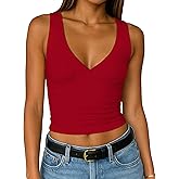 ForeFair Womens Deep V Neck Crop Tank Tops Going Out Double Lined Sexy Crop Top Sleeveless Slim Fit Y2k Summer Tops