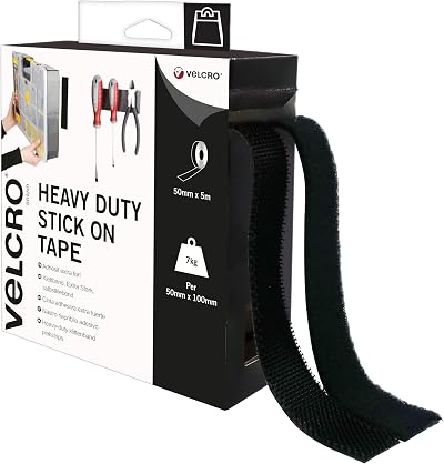 VELCRO Brand Heavy Duty Stick On Tape Cut-to-Length 50mm x 5m Black