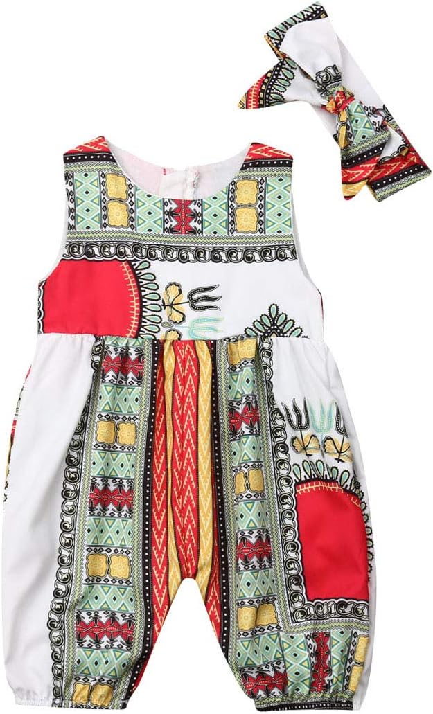 6M-5T Toddler Girls African Dashiki Print Romper with Zipper Sleeveless Jumpsuits + Headband Summer Clothing Set