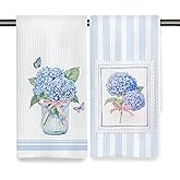 Fyecoluo Coquette Bow Blue Hydrangea Kitchen Towels Decorative, Preppy Hydrangea Flower Butterfly Dish Hand Tea Towels, Floral Kitchen Bathroom Decor, 16x24 Inch Set of 2