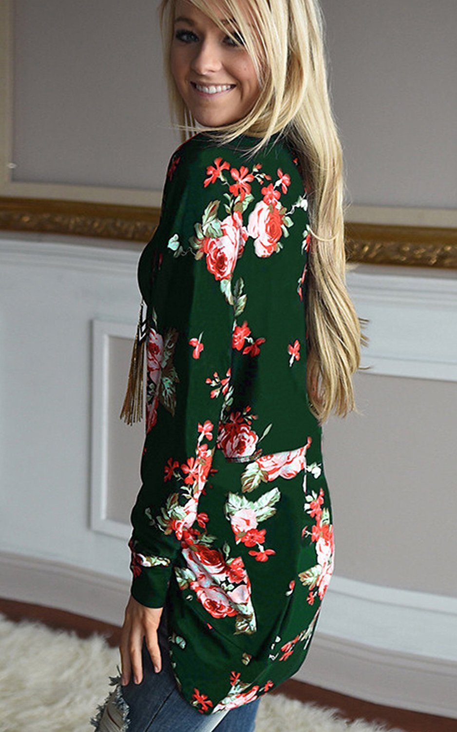 Womens Casual Open Drape Long Sleeve Floral Pocket Kimono Cardigan Blouse dark green S