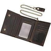 LUUFAN Genuine Leather Trifold Wallet with Anti-Theft Chain for Men Vintage Cash Coin Credit Card Purse with ID Window, Dark Brown