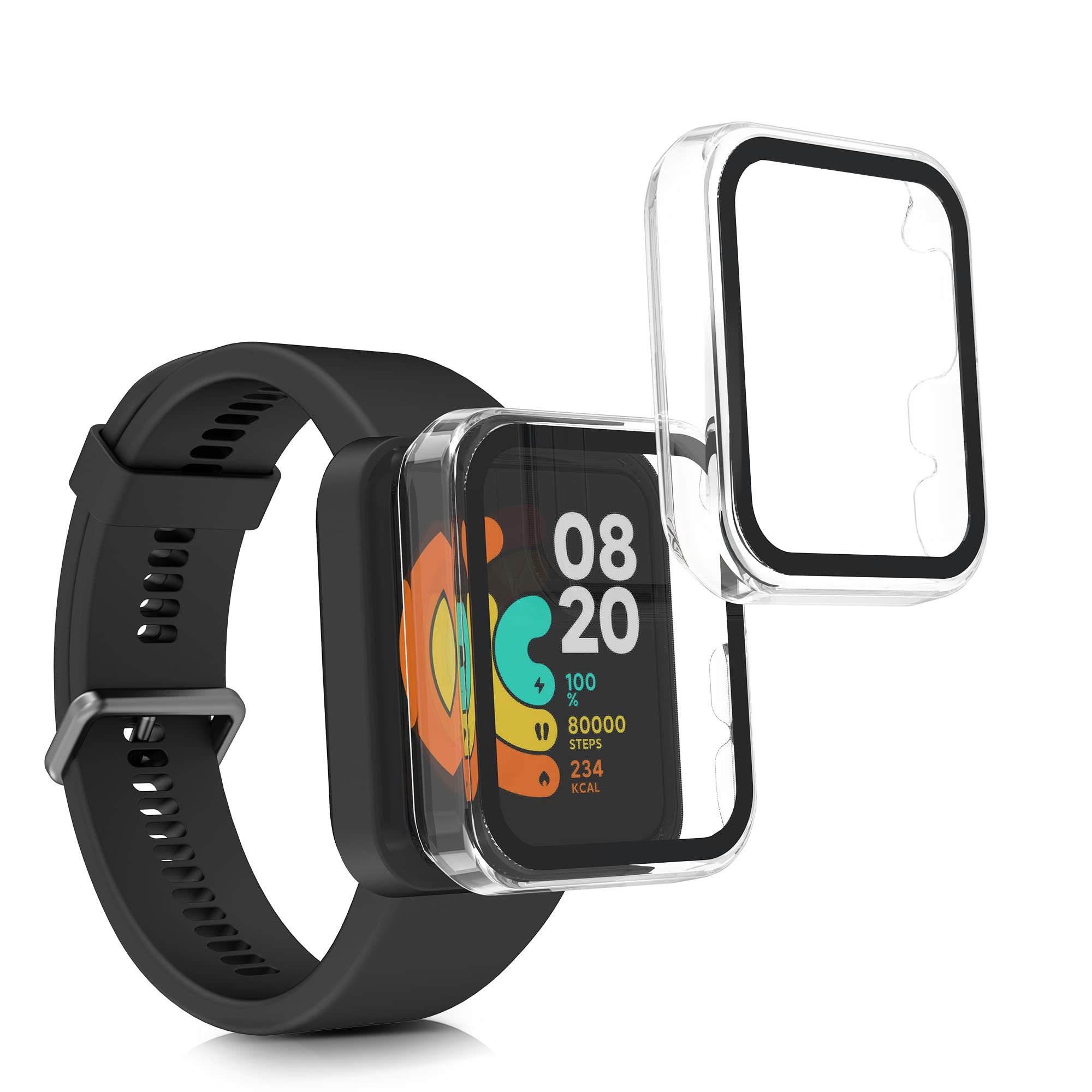 kwmobile Cover Compatible with Xiaomi Mi Watch Lite/Redmi Watch Covers - 2x Tempered Glass with Plastic Frame - Transparent