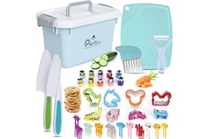 Perlli 44-Piece Toddler Cooking Set | Toddler Kitchen Set with Kids Safety Knives, Utensils, Peeler, Cutting Board & More | Kids Cooking Sets Real | Montessori Kitchen Sets for Children Ages 3+, Blue