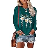 JNIFULI Womens Casual Long Sleeve Tunic Tops Funny Letter Sunflower Print Side Split Loose Fit Pullover T Shirts