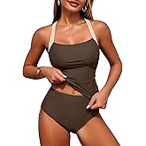 ZAFUL Women's Tankini Swimsuits Tummy Control Swimwear Two Piece Bathing Suits Swim Top with High Waisted Bottom