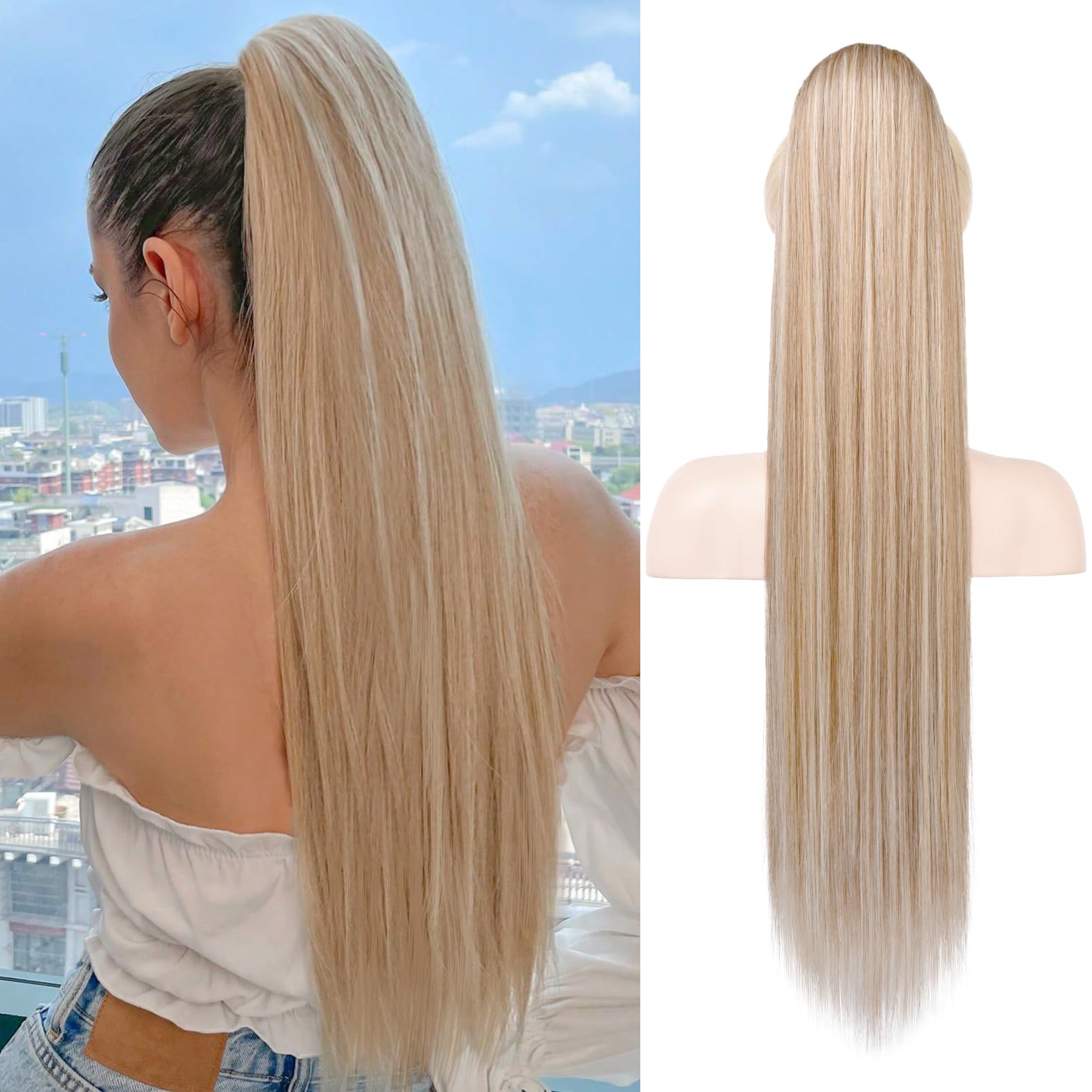 REECHO Ponytail Extension, 28" Long Straight Drawstring Pony Hair Extension Synthetic Pony Tail Hairpiece for Women — image 1