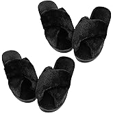 Newcotte 2 Pairs Women's Fuzzy Slippers Cross Band Fluffy Plush Cozy Open Toe House Slippers for Bridesmaid Indoor Outdoor