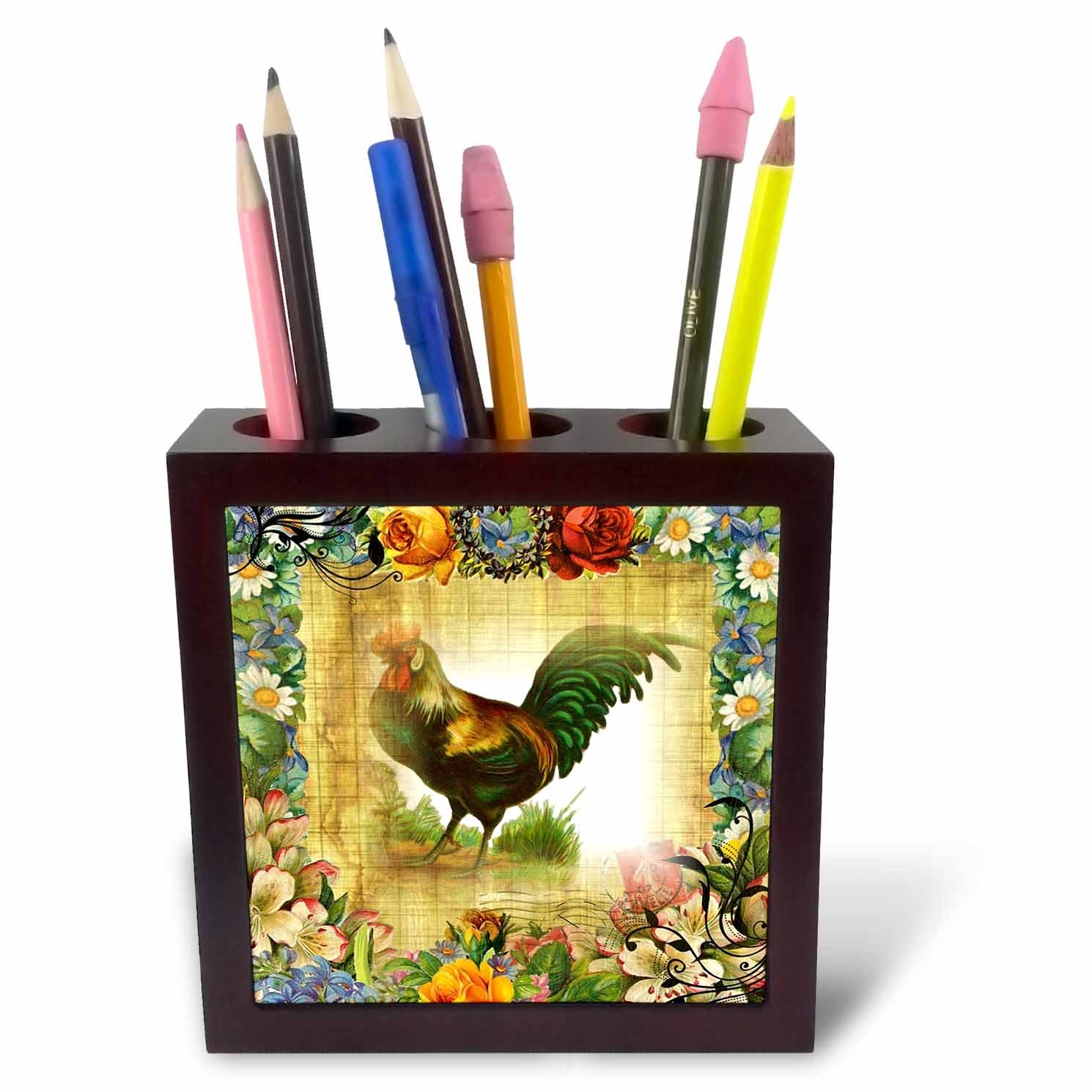 3dRose Image of Country Rooster on Flowered Old Postcard-Tile Pen Holder, 5-Inch (Ph_224341_1), 5 Inches