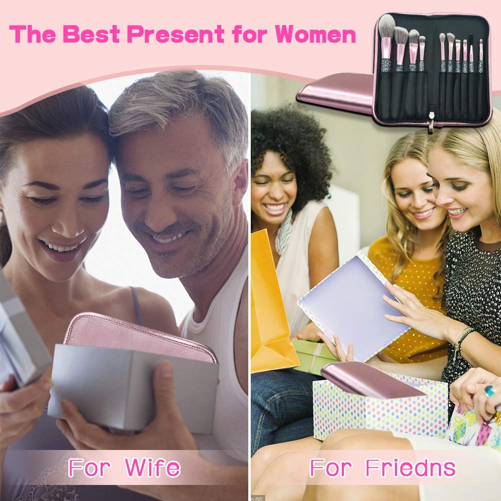 POYINRO Makeup Brushes, Makeup Brush Set, 10 PCS Premium Crystal Handle Synthetic Essential Cosmetics Brush Kit with Leather Bag for Face Powder Foundation Blending Blush Concealer Eye Shadow Brush: Beauty