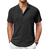 COOFANDY Men's Casual Henley Shirt Short Sleeve Summer Shirts Linen Band Collar Summer Beach Hippie T-Shirts