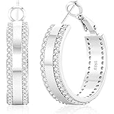 YOUNGYUE Sparkly 925 Sterling Silver Hoop Earrings Non Tarnish Large Rhinestone Hoop Earrings Hypoallergenic Cubic Zirconia Large Silver Chunky Hoop Earrings for Women with Crystal 25/30mm