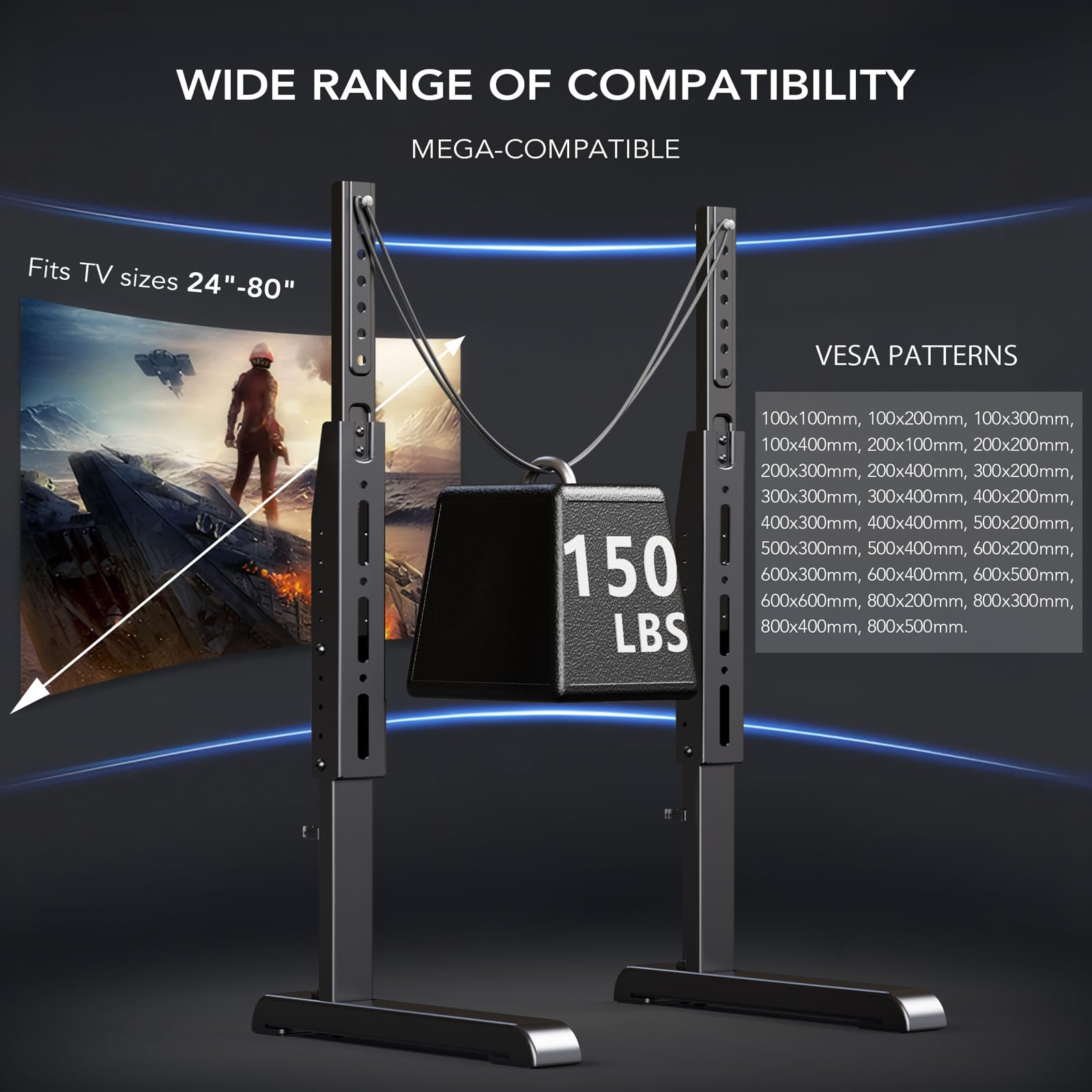 AX WABER Universal TV Stand, Table Top TV Stand Base Wobble-Free Replacement for Most 24 to 80 Inch LCD LED TVs, 7 Height Adjustable TV Legs Hold up to 150lbs, Max VESA 800x500mm, Black AX10TB02