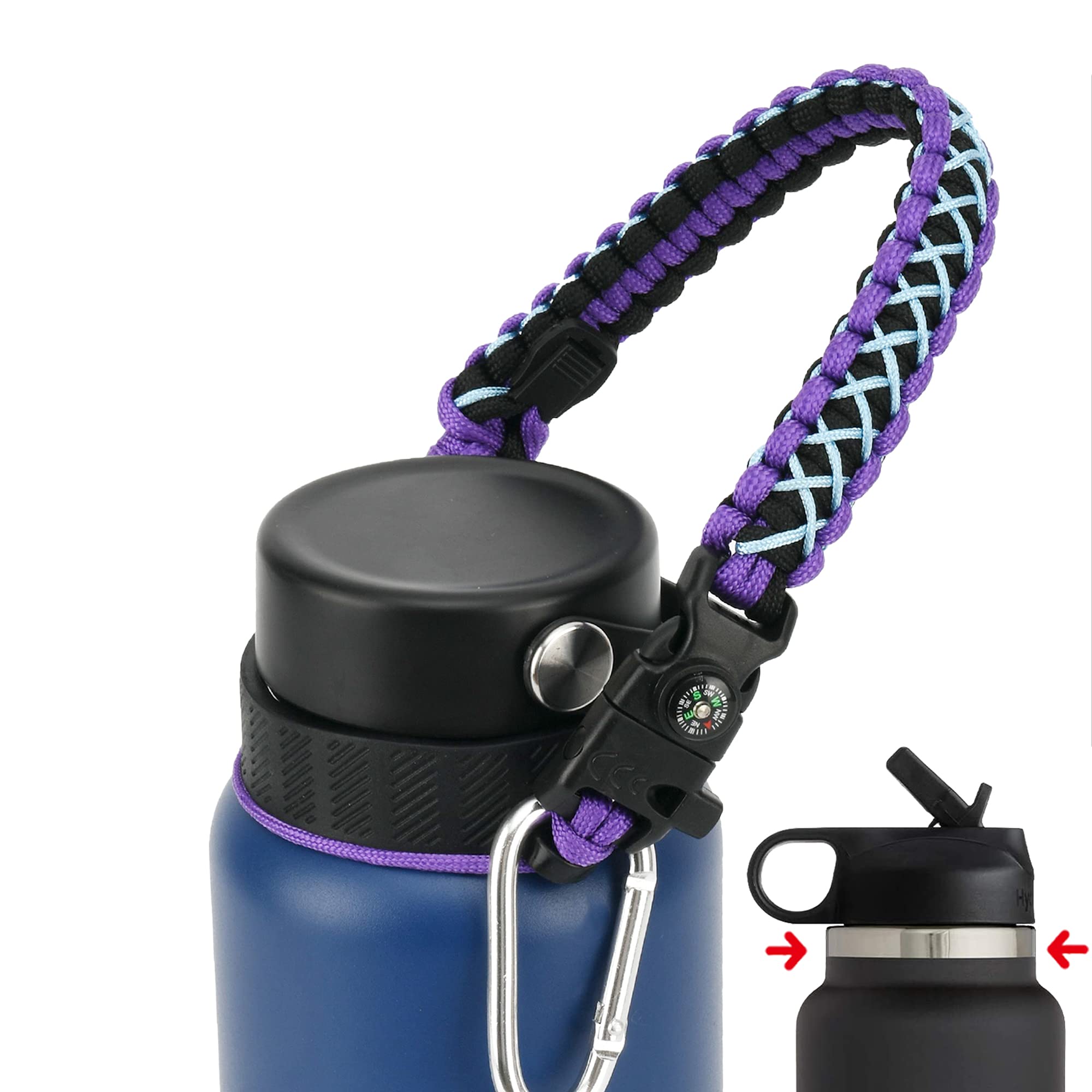 Photo 1 of QeeCord Paracord Handle Compatible with Hydro Flask 2.0 Wide Mouth Water Bottle Carrier with New Ring and Carabiner, 12oz, 16oz,18oz, 32oz, 40oz, 64oz (32 oz-40 oz Wide Mouth, Purple)