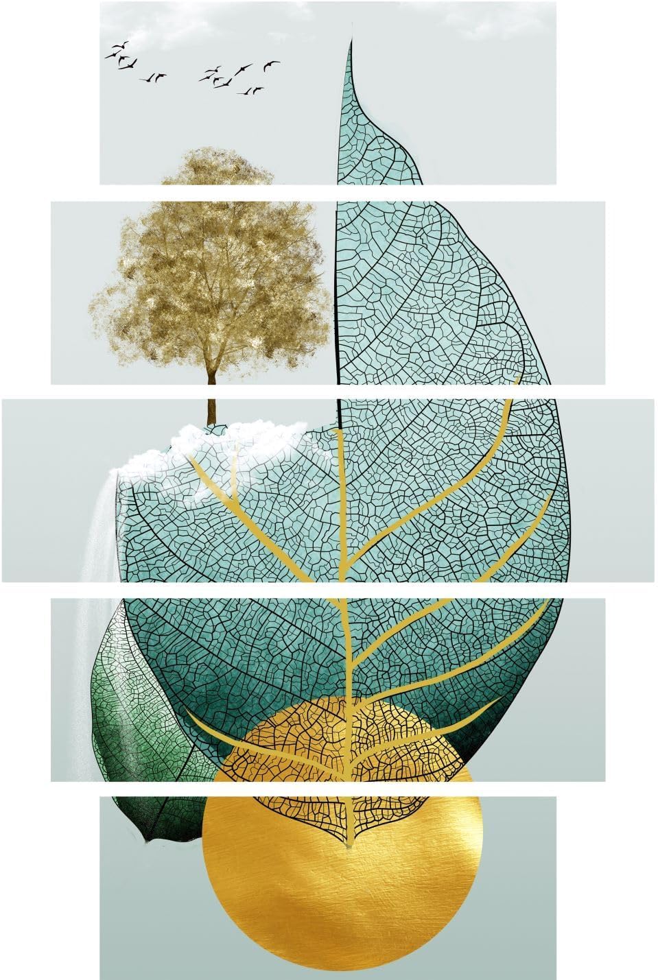 AREDE Set of 5 Wall Art Painting Picture Poster Delicate Gold and Blue Leaf (120 x 80 cm) Home Office Wall Decor Living Room Bedroom Decoration Ready To Hang
