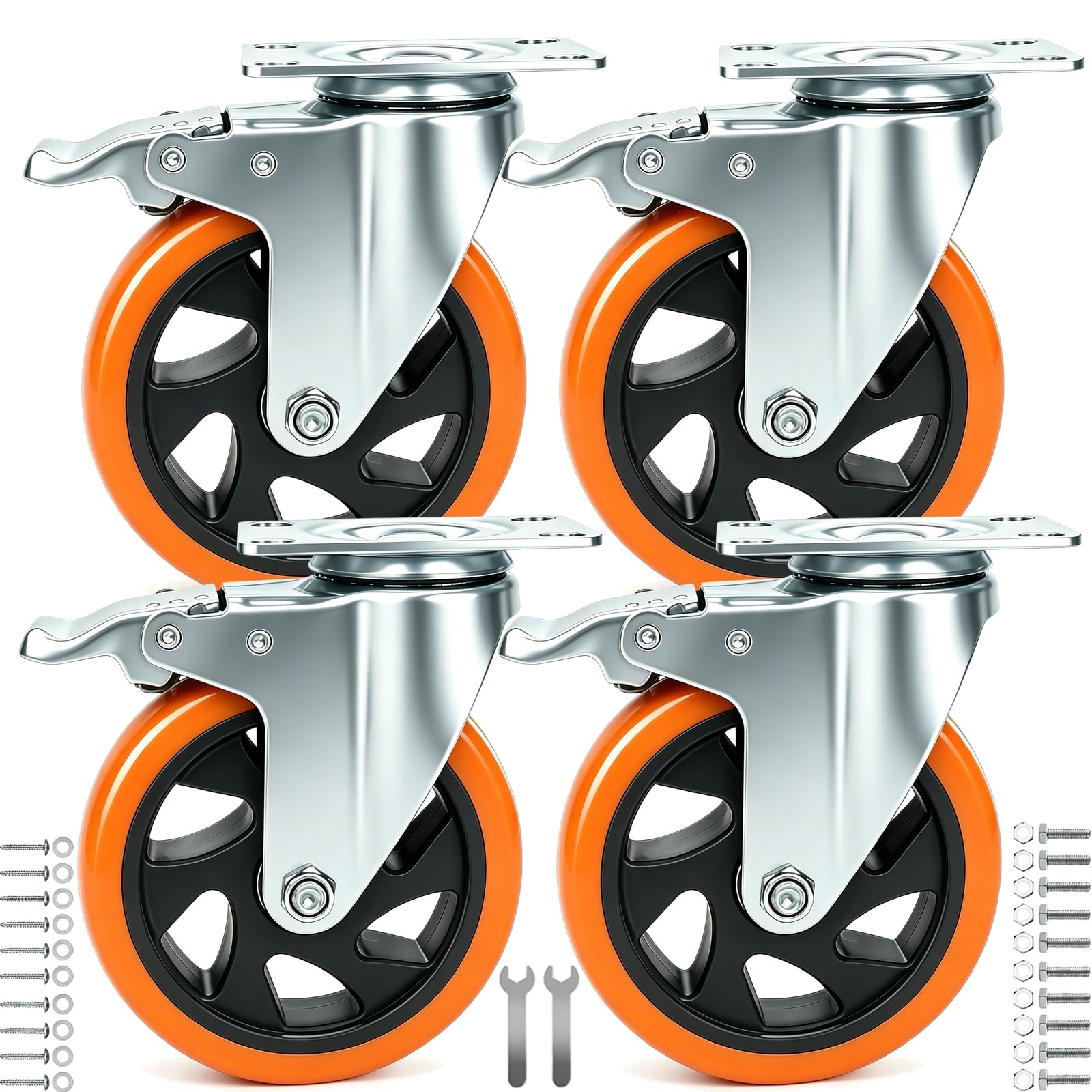 RRIUTO Furniture Castor Wheels with Brakes, 125mm Heavy Duty Wheel Castors Bearing 800KG Swivel Trolley Casters with Screws, PU Trolley Wheels for Furniture