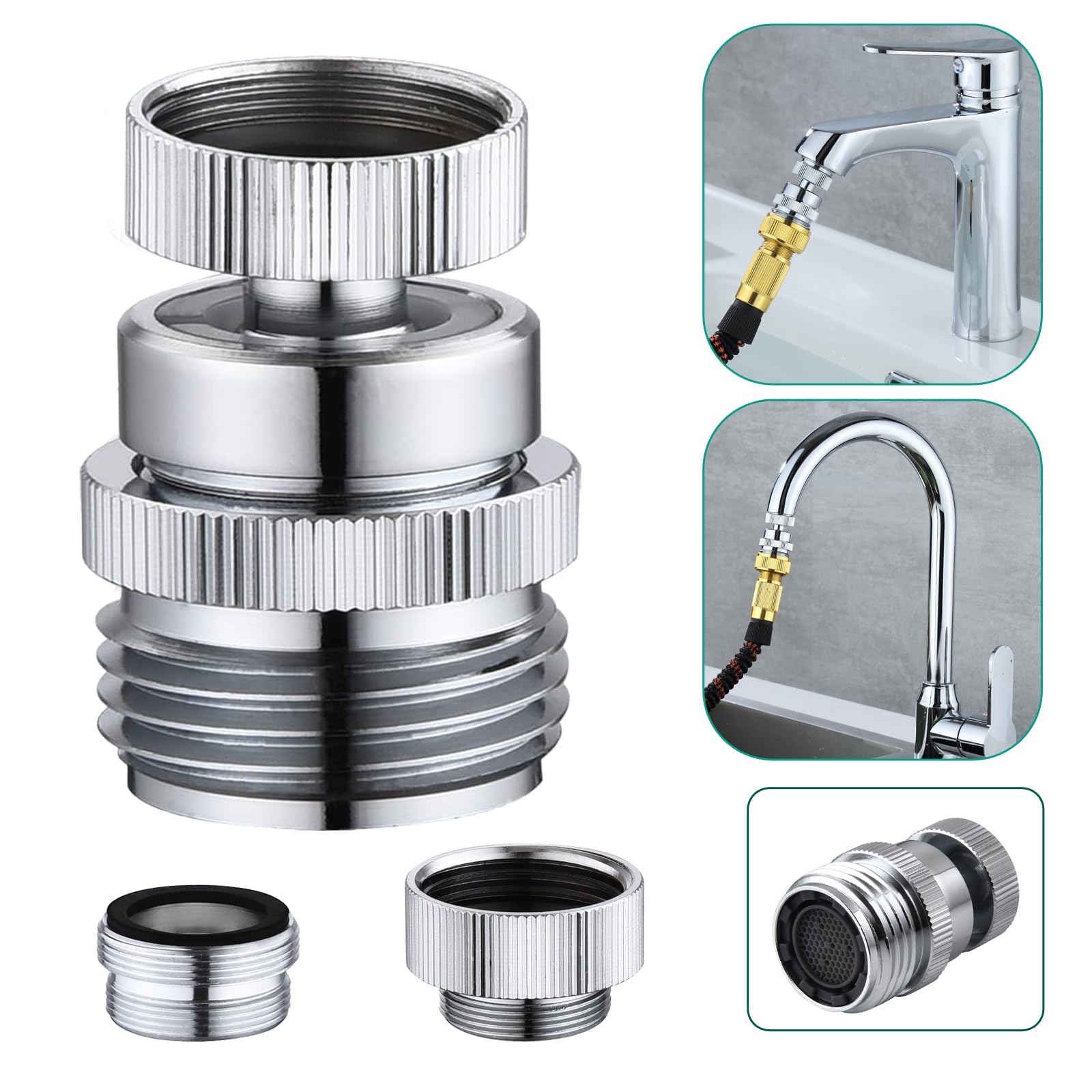 Photo 1 of SNUTUYA Faucet to Garden Hose Adapter,Brass 3/4-Inch Garden Hose Adapter with Aerator, 360-degree Swivel for Kitchen And Bathroom,Chrome