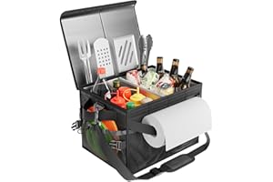 FANGSUN Grill Caddy, BBQ Caddy with Lid & Paper Towel Holder, Picnic Griddle Caddy for Outdoor Camping, Barbecue Accessories Organizer for Utensil Grilling Tool, Must Haves for Camper, Tailgate, RV