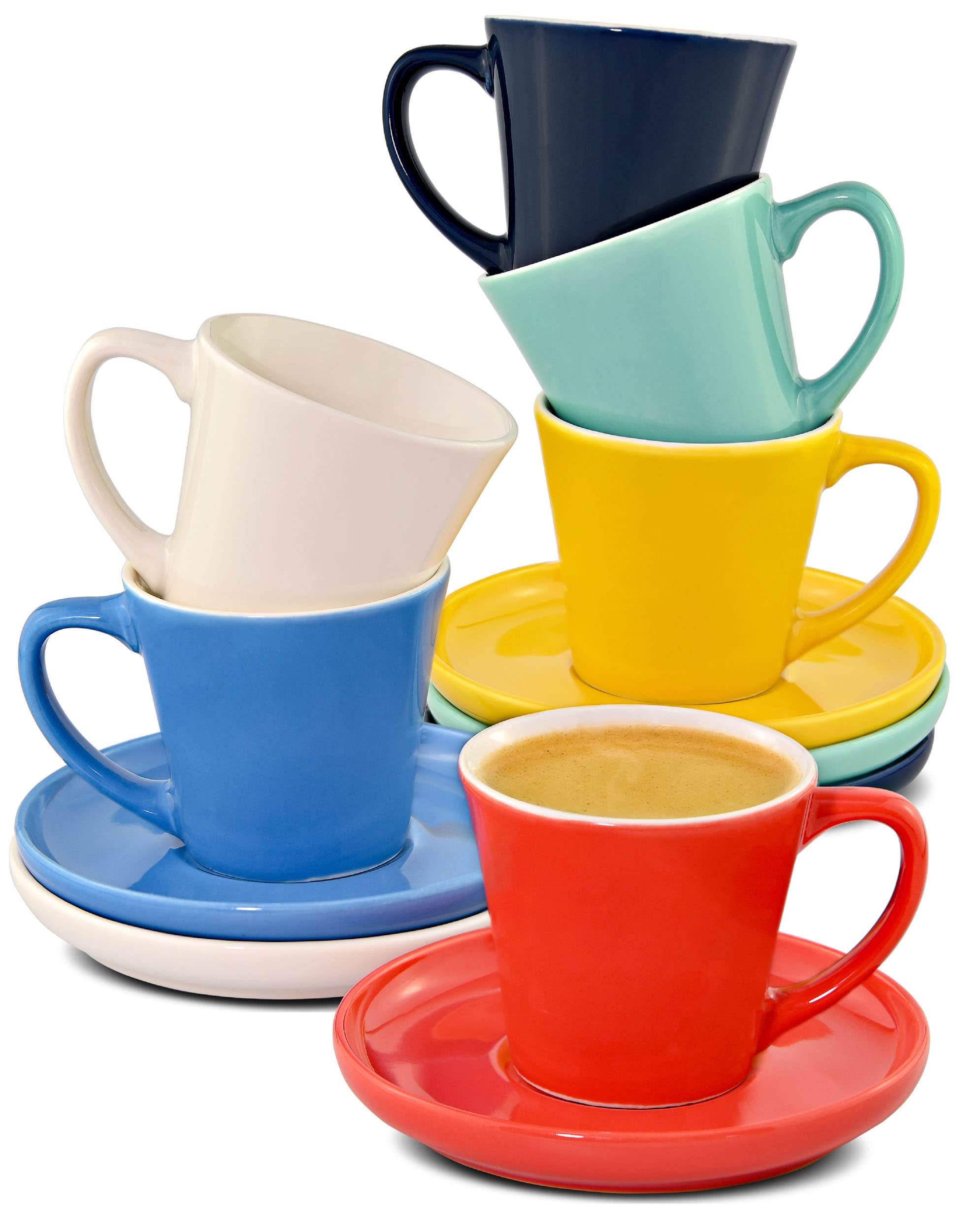 Cosumy Espresso Cup and Saucer Set of 6 - Colourful Ceramic 70ml / 2.36oz - Stackable Design - Keeps Warm for a Long time - Gift Box