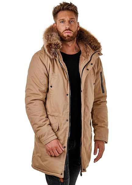 EightyFive Herren Parka Winterjacke Kunstfell Teddyfell Schwarz Beige EF1720
