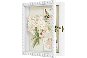 SZQINJI Shadow Box Frame 8x10 Memory Box Small Deep White Shadow Boxes Display Cases with Front Opening Vintage Lock Diamond Shape Door for Pet Memorial Keepsakes Wedding Flower Baby Graduation White
