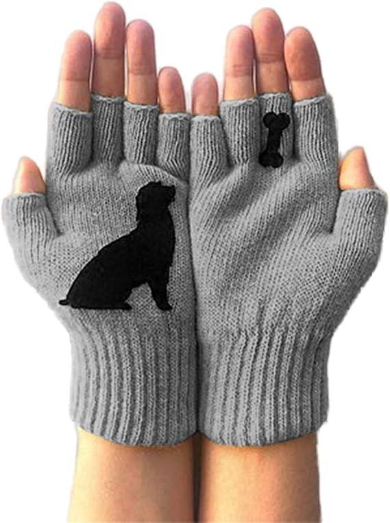 Winter Fingerless Gloves Puppy Dog Bone Men Women Warm Knit Thick Thermal (Gray