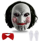 5th LILY Saw Billy Mask The Scary Puppet Clown Mask with Adjustable Red Bow Tie &amp; White Gloves Halloween Mask Adult