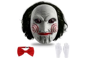 5th LILY Saw Billy Mask The Scary Puppet Clown Mask with Adjustable Red Bow Tie & White Gloves Halloween Mask Adult