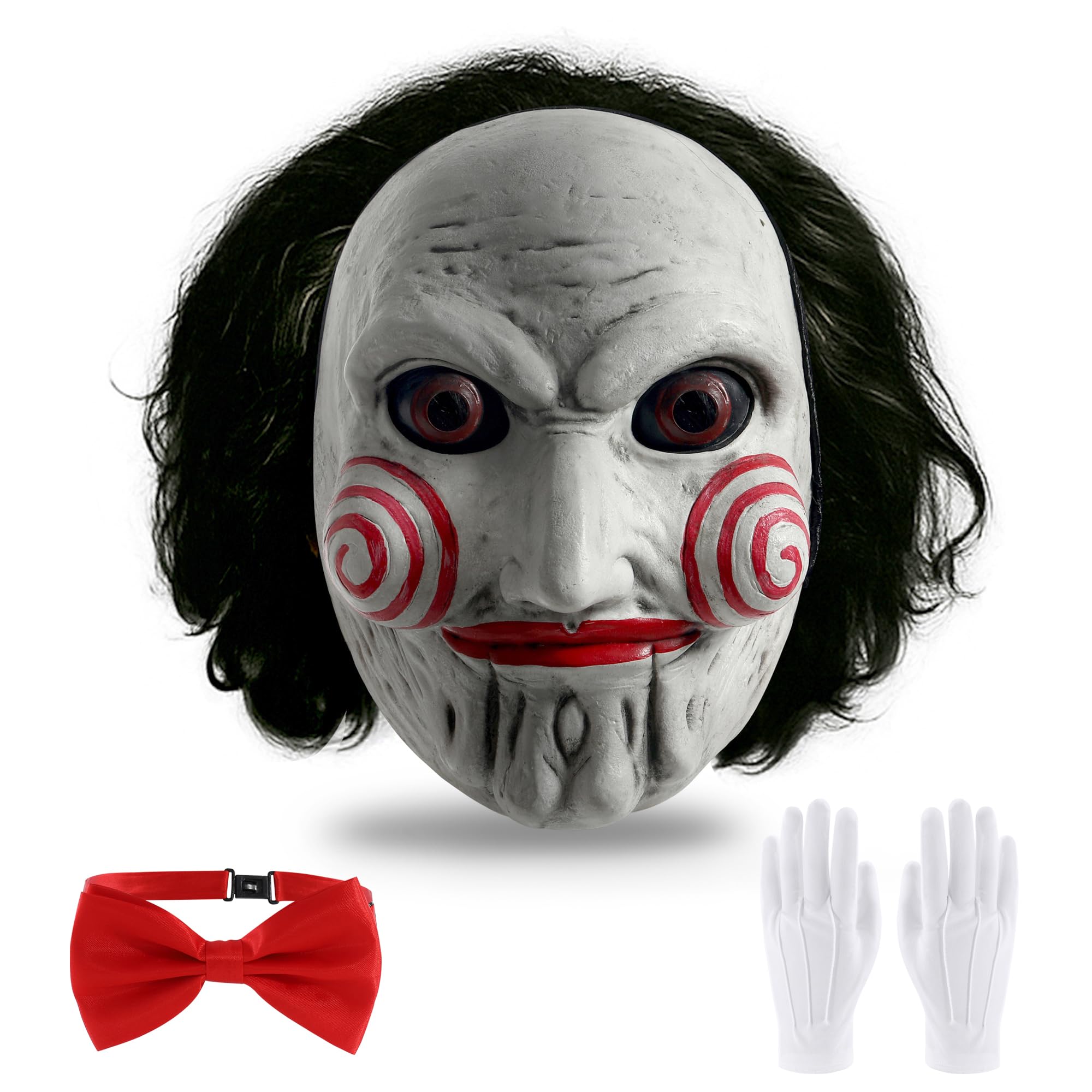 Photo 1 of 5th LILY Saw Billy Mask The Scary Puppet Clown Mask with Adjustable Red Bow Tie & White Gloves Halloween Mask Adult