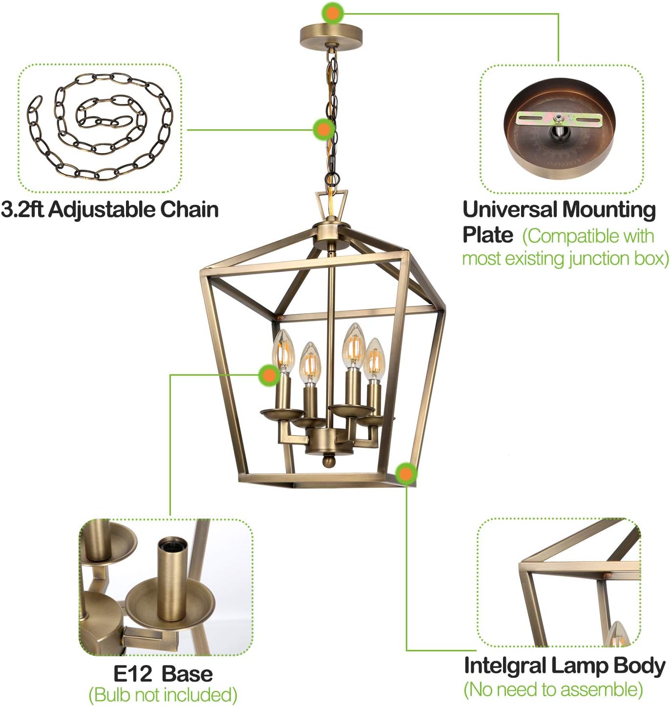 4-Light Chandelier Ceiling Light Fixture, Metal Lantern Pendant Lighting for Hallway, Entryway and Dinning Room, 18" H x 12" W, Soft Gold Finish, ETL Listed - - 