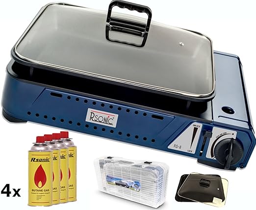 RSonic Deluxe tragbarer Gasgrill RS-8 mit Grillpfanne mit Glasdeckel 2,1 KW + 4X Gaskartuschen