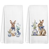 KFXHANGD Chinoiserie Bunny Rabbit Kitchen Towels and Dishcloths Set of 2, Coquette Ribbit Dish Towels, Easter Blue and White Bunny Decorative Hand Tea Towels for Bathroom Kitchen, Bunny Gifts, 16x24