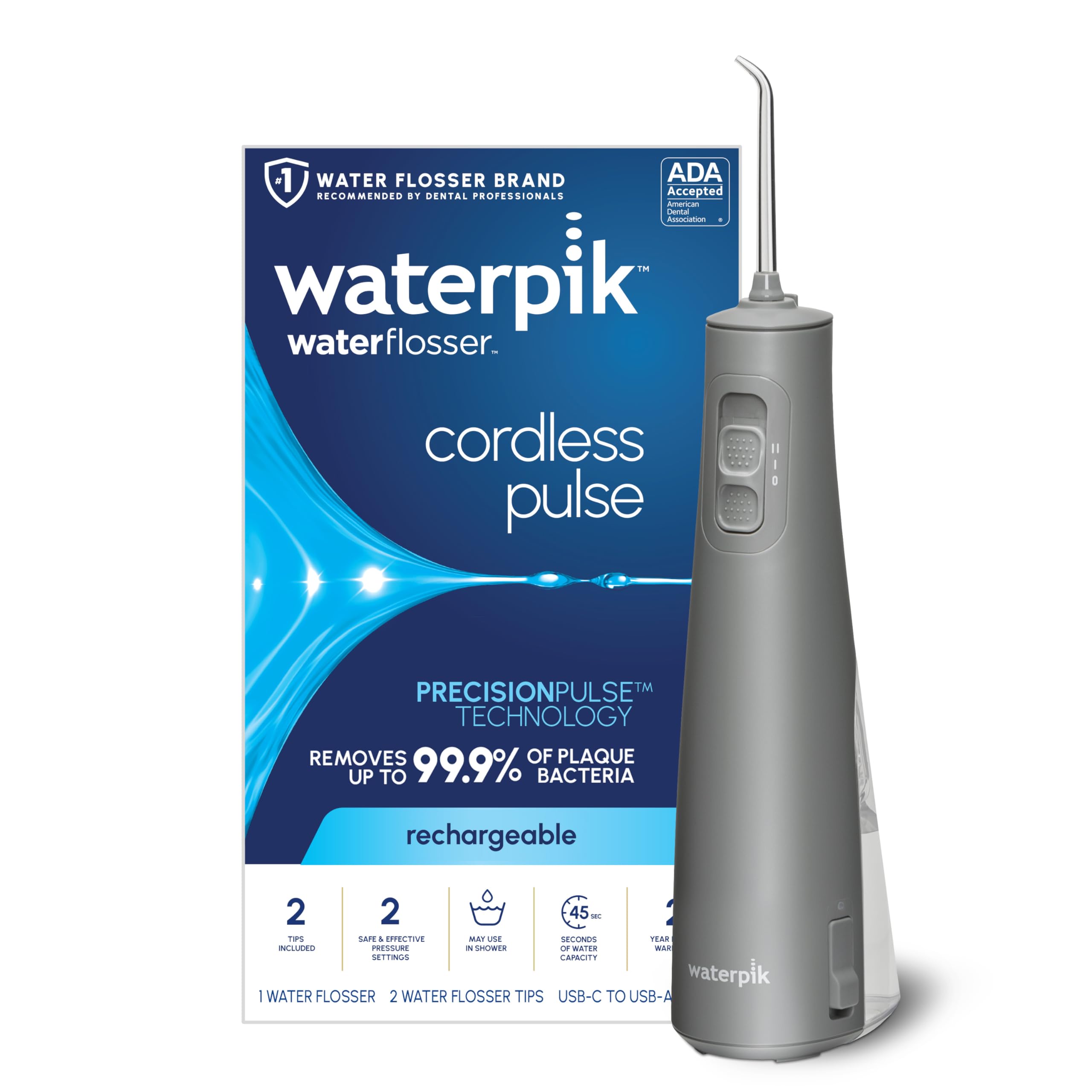 Photo 1 of Waterpik Cordless Pulse Rechargeable Portable Water Flosser for Teeth, Gums, Braces Care and Travel with 2 Flossing Tips, Waterproof, ADA Accepted, WF-20 Gray, Packaging May Vary