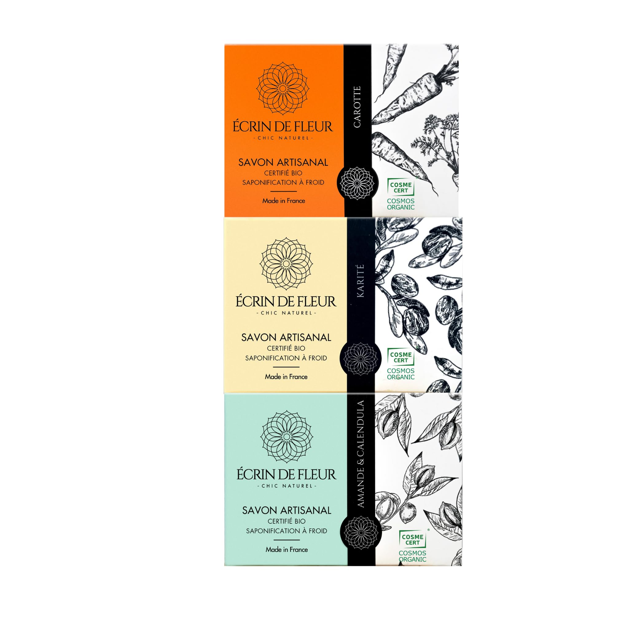 Écrin de Fleur – Organic Soap Bars Gift Set for Sensitive & Dry Skin, French Handcrafted, Cold Process, COSMOS Organic & Nature et Progrès Certified, 3 x 90g