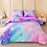 ASKOTU Full Size Bedding Set for Girls, Glitter Rainbow Comforter Set Full, 6 pcs Bed in A Bag Full Size Comforter Sets for Girls Kids, Galaxy Purple Bedding Sets with Sheets