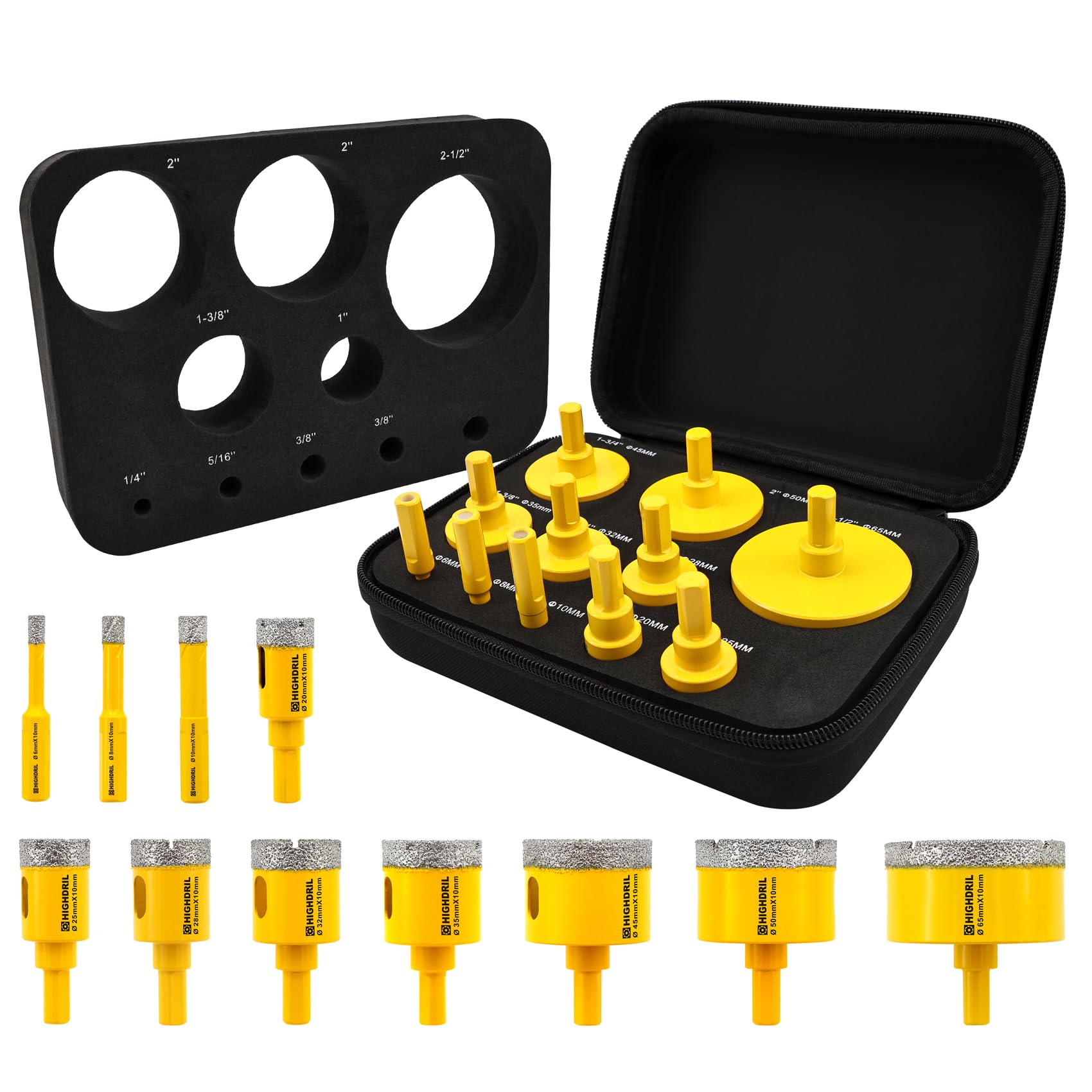 HIGHDRIL Diamond Hole Saw Kit - 6/8/10/20/25/28/32/35/45/50/65mm Drill Bits, 11Pcs Diamond Core Drill Bit Set for Porcelain Ceramic Tile Granite Marble