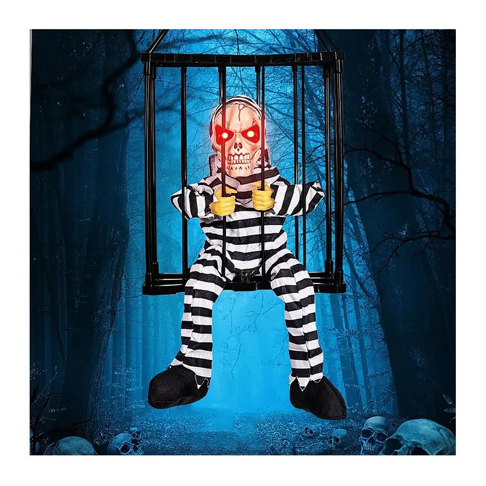 TRIXES Scary Caged Halloween Skeleton, Haunted House Prop with Screaming Voice, Nightmare Creature
