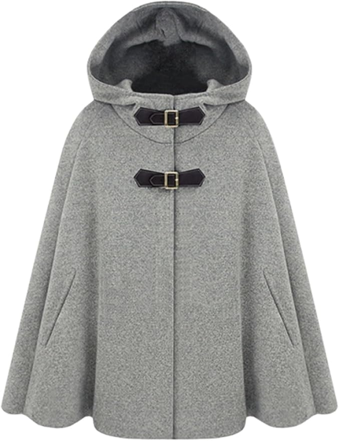 Azbro Women's Winter Wool Blend Hooded Cape Cloak Coat
